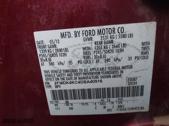 2013 Ford Edge Limited with VIN 2FMDK4KC4DBA40916, listed as a IAAI auction lot 41722943 with 244,502 mi miles. Bid and sale history available at carsss.com. Image 9.