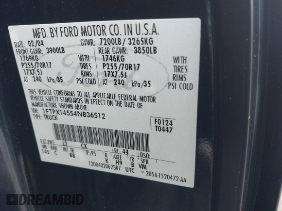 2004 Ford F-150 XLT с VIN 1FTPX14554NB36512, выставлен на аукционе IAAI как лот 42226802 с пробегом 96 936 миль миль и . История ставок и продаж доступна на DreamBid. Изображение 9.