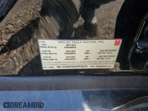 2013 Tesla Model S с VIN 5YJSA1CG2DFP25370, выставлен на аукционе Copart как лот 64003825 с пробегом 85 656 миль миль и Списание • Salvage title. История ставок и продаж доступна на DreamBid. Изображение 13.