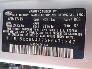2015 Kia Optima EX with VIN 5XXGN4A75FG471247, listed as a IAAI auction lot 41056203 with 133,388 mi miles. Bid and sale history available at carsss.com. Image 9.