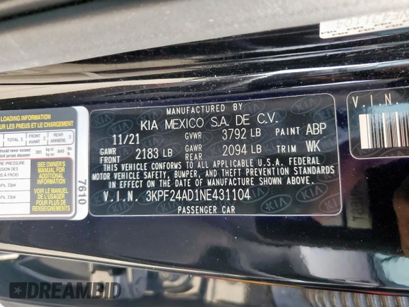 2022 Kia Forte LXS with VIN 3KPF24AD1NE431104, listed as a Copart auction lot 51418225 with 27,114 mi miles and Salvage Title. Bid and sale history available at DreamBid. Image 12.