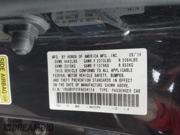 2015 Acura TLX with VIN 19UUB1F31FA004114, listed as a IAAI auction lot 42366372 with 163,358 mi miles and . Bid and sale history available at DreamBid. Image 9.