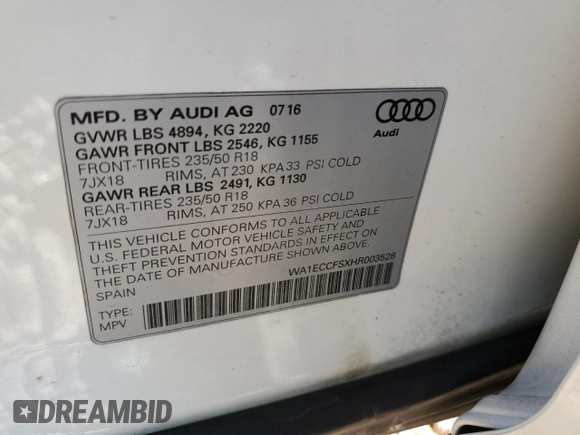 2017 Audi Q3 Premium with VIN WA1ECCFSXHR003528, listed as a Copart auction lot 49748425 with 91,161 mi miles and Salvage Title. Bid and sale history available at carsss.com. Image 15.