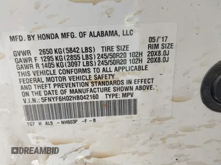 2017 Honda Pilot Elite with VIN 5FNYF6H02HB042160, listed as a IAAI auction lot 40893685 with Not Provided miles and . Bid and sale history available at DreamBid. Image 9.