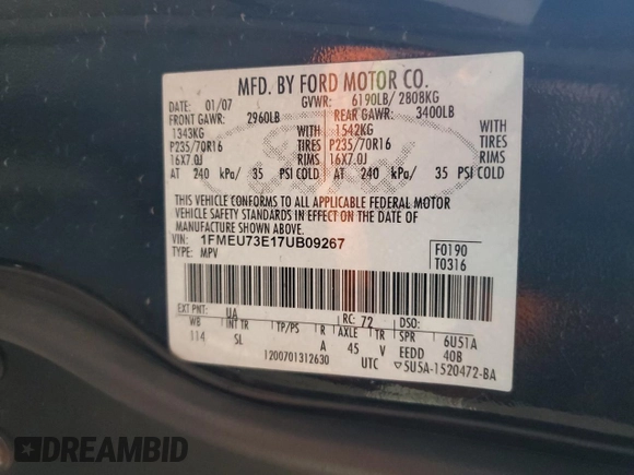 2007 Ford Explorer XLT z VIN 1FMEU73E17UB09267, wystawiony jako Copart lot #58096675 z przebiegiem 200 662 mil mil oraz Szkoda całkowita • Salvage title. Historia ofert i sprzedaży dostępna na DreamBid. Obrazek 12.
