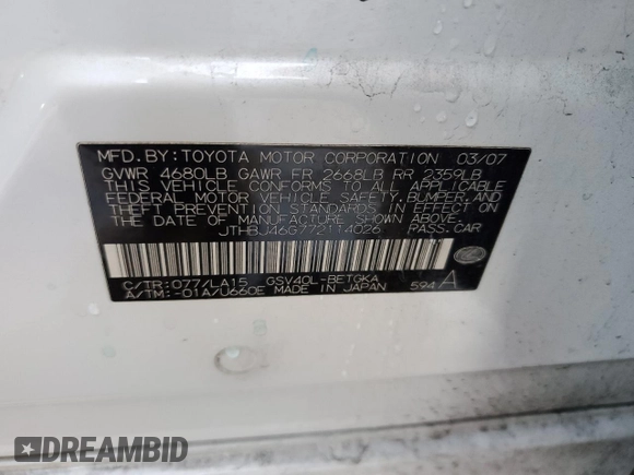 2007 Lexus ES 330 with VIN JTHBJ46G772114026, listed as a Copart auction lot 55121405 with 166,903 mi miles and Salvage Title. Bid and sale history available at DreamBid. Image 12.