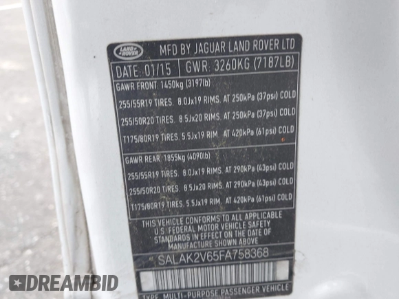 2015 Land Rover LR4 Lux with VIN SALAK2V65FA758368, listed as a IAAI auction lot 42054779 with 179,695 mi miles and . Bid and sale history available at DreamBid. Image 9.