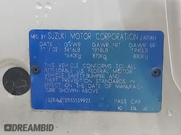 2003 Suzuki Aerio S z VIN JS2RA41S335159927, wystawiony jako IAAI lot #42012847 z przebiegiem 132 482 mil mil oraz . Historia ofert i sprzedaży dostępna na DreamBid. Obrazek 9.