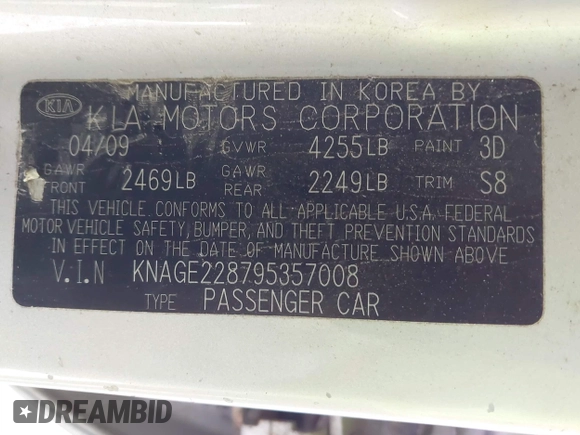 2009 Kia Optima LX z VIN KNAGE228795357008, wystawiony jako IAAI lot #42228948 z przebiegiem 148 194 mil mil oraz . Historia ofert i sprzedaży dostępna na DreamBid. Obrazek 9.