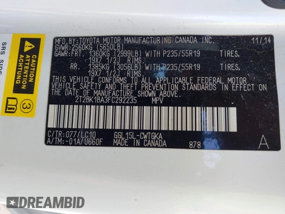 2015 Lexus RX 350 with VIN 2T2BK1BA3FC292235, listed as a IAAI auction lot 42104683 with 139,162 mi miles and . Bid and sale history available at DreamBid. Image 9.