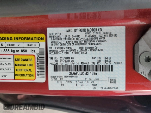 2014 Ford Fusion SE Hybrid with VIN 3FA6P0LU5ER145861, listed as a Copart auction lot 46582675 with Not Provided miles and Salvage Title. Bid and sale history available at DreamBid. Image 14.