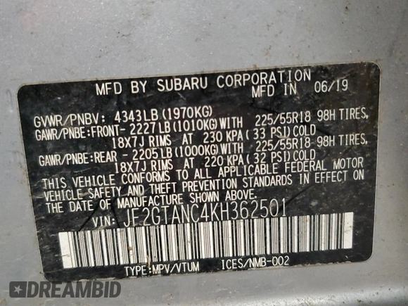 2019 Subaru Crosstrek Limited z VIN JF2GTANC4KH362501, wystawiony jako Copart lot #52876565 z przebiegiem 56 846 mil mil oraz Szkoda całkowita • Salvage title. Historia ofert i sprzedaży dostępna na DreamBid. Obrazek 13.