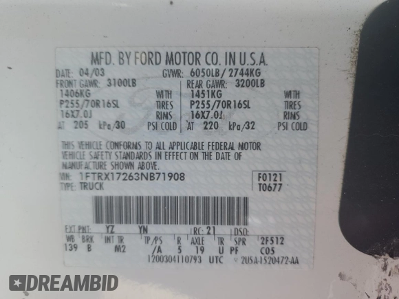 2003 Ford F-150 XL with VIN 1FTRX17263NB71908, listed as a Copart auction lot 88684155 with 0 mi miles and Salvage Title. Bid and sale history available at carsss.com. Image 14.