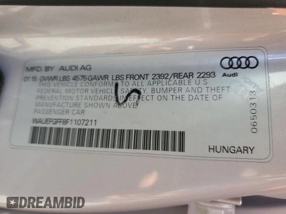 2015 Audi A3 2.0T Premium Plus with VIN WAUEFGFF8F1107211, listed as a Copart auction lot 67686133 with 106,247 mi miles. Bid and sale history available at carsss.com. Image 12.