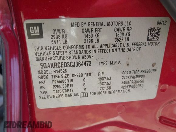 2012 Buick Enclave Leather with VIN 5GAKRCED3CJ364473, listed as a IAAI auction lot 41912564 with 159,090 mi miles and . Bid and sale history available at carsss.com. Image 9.