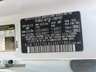 2018 Hyundai Santa Fe 2.4L with VIN 5XYZTDLBXJG571865, listed as a Copart auction lot 62103705 with 190,269 mi miles and Clean title. Bid and sale history available at DreamBid. Image 13.