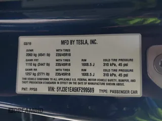 2019 Tesla Model 3 Mid Range with VIN 5YJ3E1EA5KF299589, listed as a IAAI auction lot 41709733 with 50,256 mi miles and . Bid and sale history available at DreamBid. Image 9.