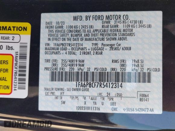 2024 Ford Mustang GT with VIN 1FA6P8CF7R5412314, listed as a IAAI auction lot 42270219 with Not provided miles and . Bid and sale history available at DreamBid. Image 9.