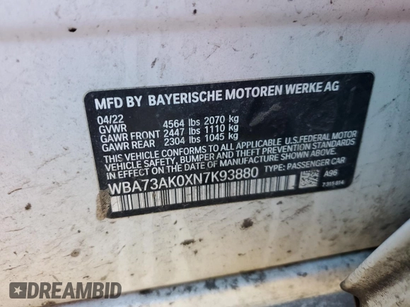 2022 BMW 2 Series 228i xDrive with VIN WBA73AK0XN7K93880, listed as a Copart auction lot 47300235 with 51,357 mi miles and Salvage title. Bid and sale history available at DreamBid. Image 12.