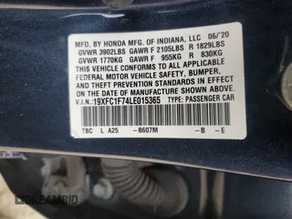 2020 Honda Civic Sedan EX-L with VIN 19XFC1F74LE015365, listed as a Copart auction lot 44965985 with 55,463 mi miles and Salvage Title. Bid and sale history available at carsss.com. Image 13.