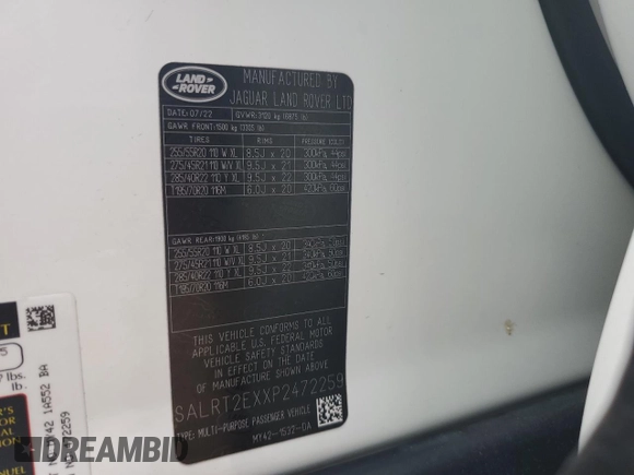 2023 Land Rover Discovery with VIN SALRT2EXXP2472259, listed as a Copart auction lot 74391304 with Not Provided miles and Non Repairable. Bid and sale history available at DreamBid. Image 14.