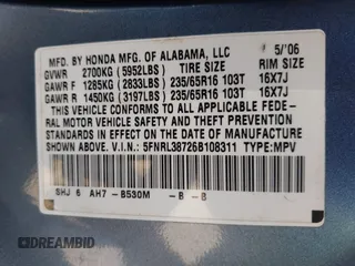 2006 Honda Odyssey EX-L with VIN 5FNRL38726B108311, listed as a IAAI auction lot 42203838 with 205,201 mi miles and . Bid and sale history available at DreamBid. Image 9.