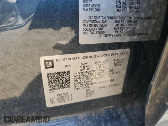 2020 Chevrolet Silverado 1500 LT with VIN 3GCPWCED7LG414760, listed as a Copart auction lot 47257265 with 102,446 mi miles and Non Repairable. Bid and sale history available at carsss.com. Image 13.