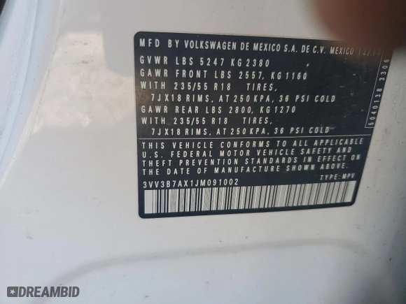 2018 Volkswagen Tiguan SEL with VIN 3VV3B7AX1JM091002, listed as a Copart auction lot 46902485 with 91,684 mi miles and Salvage Title. Bid and sale history available at carsss.com. Image 12.