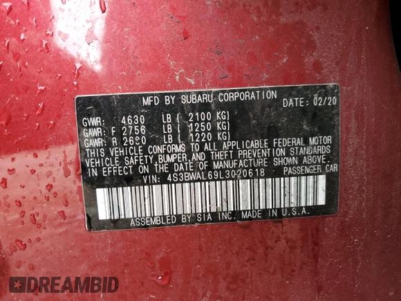 2020 Subaru Legacy Limited z VIN 4S3BWAL69L3020618, wystawiony jako Copart lot #54727275 z przebiegiem Nie podano mil oraz Szkoda całkowita • Salvage title. Historia ofert i sprzedaży dostępna na DreamBid. Obrazek 12.
