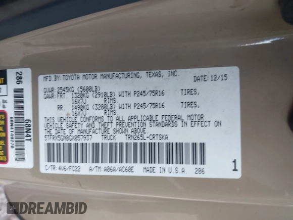 2016 Toyota Tacoma SR with VIN 5TFRX5GN8GX057937, listed as a IAAI auction lot 40760420 with 113,698 mi miles and . Bid and sale history available at DreamBid. Image 9.