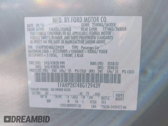 2011 Ford Taurus SHO with VIN 1FAHP2KT4BG129439, listed as a IAAI auction lot 42495871 with 164,841 mi miles and . Bid and sale history available at DreamBid. Image 9.