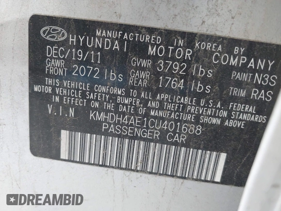 2012 Hyundai Elantra GLS z VIN KMHDH4AE1CU401688, wystawiony jako IAAI lot #42280367 z przebiegiem 90 948 mil mil oraz . Historia ofert i sprzedaży dostępna na DreamBid. Obrazek 9.