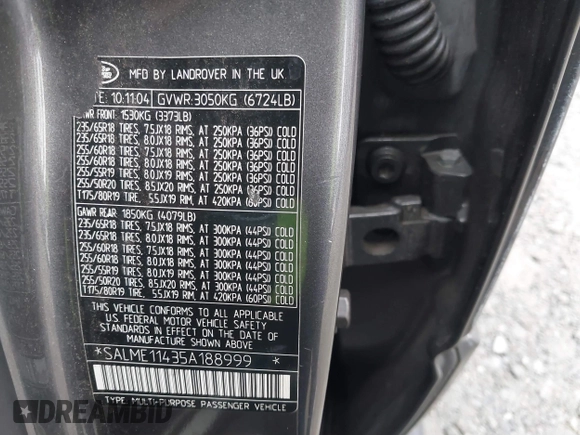 2005 Land Rover Range Rover HSE with VIN SALME11435A188999, listed as a IAAI auction lot 41123498 with 228,186 mi miles and . Bid and sale history available at DreamBid. Image 9.