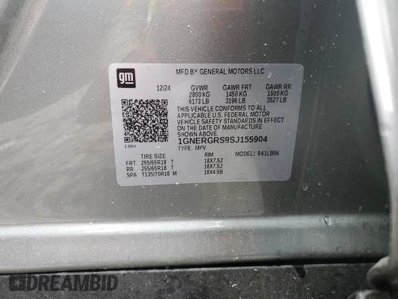 2025 Chevrolet Traverse FWD LT with VIN 1GNERGRS9SJ155904, listed as a Copart auction lot 55755085 with 7,715 mi miles and Salvage title. Bid and sale history available at DreamBid. Image 13.