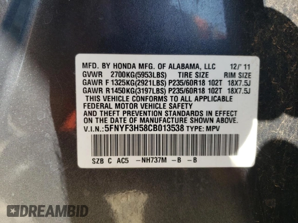 2012 Honda Pilot EX-L with VIN 5FNYF3H58CB013538, listed as a Copart auction lot 52168365 with 166,148 mi miles and Clean Title. Bid and sale history available at DreamBid. Image 12.
