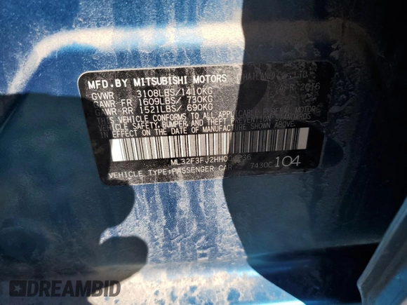 2017 Mitsubishi Mirage ES with VIN ML32F3FJ2HH004236, listed as a Copart auction lot 74567824 with Not provided miles and Non repairable. Bid and sale history available at DreamBid. Image 12.