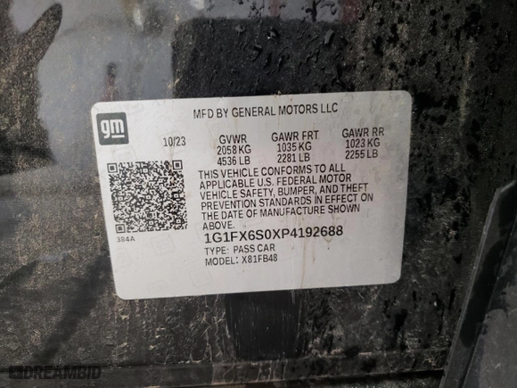2023 Chevrolet Bolt EV 2LT with VIN 1G1FX6S0XP4192688, listed as a Copart auction lot 43379795 with NaN miles and Non Repairable. Bid and sale history available at carsss.com. Image 12.