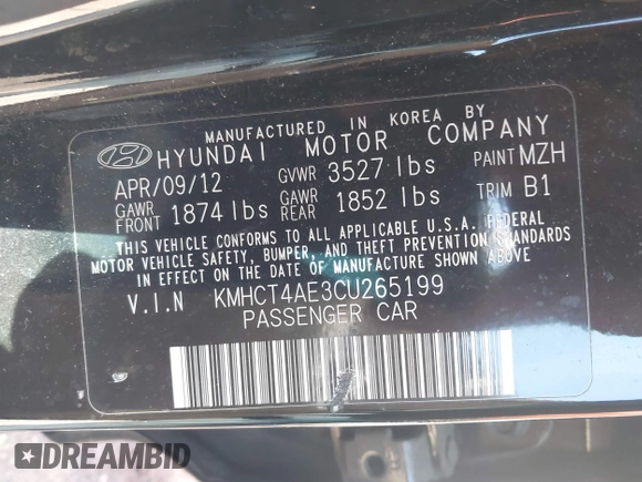 2012 Hyundai Accent GLS with VIN KMHCT4AE3CU265199, listed as a IAAI auction lot 41826958 with 121,618 mi miles. Bid and sale history available at carsss.com. Image 9.