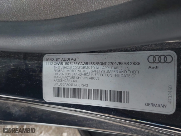 2013 Audi A7 3.0 Prestige with VIN WAU2GAFC4DN081943, listed as a IAAI auction lot 41599395 with 129,458 mi miles. Bid and sale history available at carsss.com. Image 9.