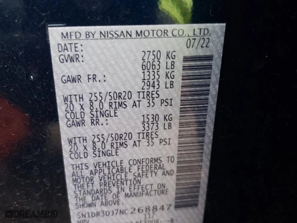 2022 Nissan Pathfinder Platinum with VIN 5N1DR3DJ7NC268847, listed as a Copart auction lot 47670655 with 41,608 mi miles and Salvage Title. Bid and sale history available at carsss.com. Image 13.