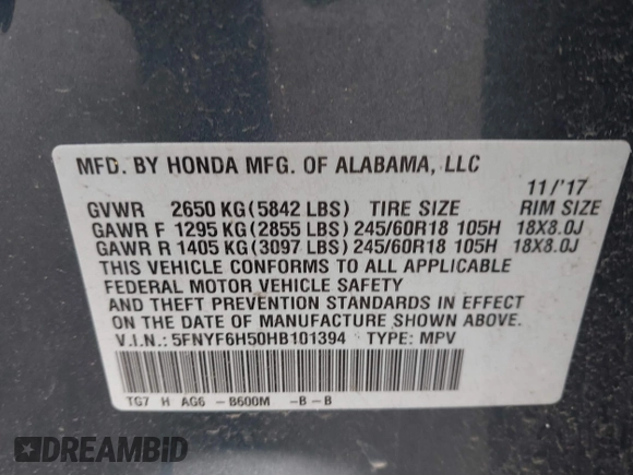 2017 Honda Pilot EX-L with VIN 5FNYF6H50HB101394, listed as a IAAI auction lot 42083318 with 159,359 mi miles and . Bid and sale history available at DreamBid. Image 9.