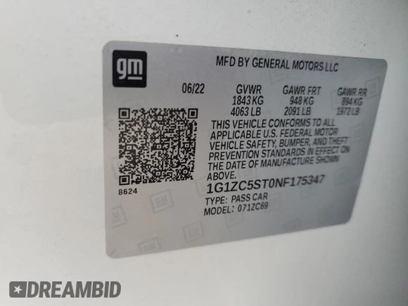 2022 Chevrolet Malibu LS with VIN 1G1ZC5ST0NF175347, listed as a Copart auction lot 47647335 with 43,897 mi miles and Salvage Title. Bid and sale history available at DreamBid. Image 13.