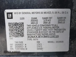 2021 Chevrolet Equinox LT with VIN 3GNAXJEV3MS118110, listed as a IAAI auction lot 41572261 with 79,673 mi miles and . Bid and sale history available at DreamBid. Image 9.