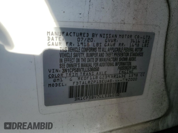 2020 Nissan Kicks S with VIN 3N1CP5BV7LL536050, listed as a Copart auction lot 49754775 with 85,454 mi miles and Salvage Title. Bid and sale history available at carsss.com. Image 13.