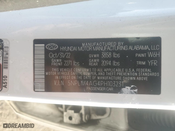 2023 Hyundai Elantra SEL with VIN 5NPLM4AG4PH103231, listed as a Copart auction lot 43026835 with 72,402 mi miles and Salvage Title. Bid and sale history available at carsss.com. Image 12.