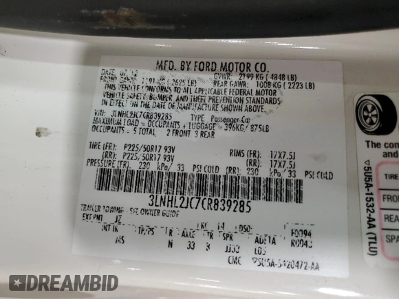 2012 Lincoln MKZ with VIN 3LNHL2JC7CR839285, listed as a Copart auction lot 47612365 with 116,411 mi miles and Clean Title. Bid and sale history available at DreamBid. Image 12.