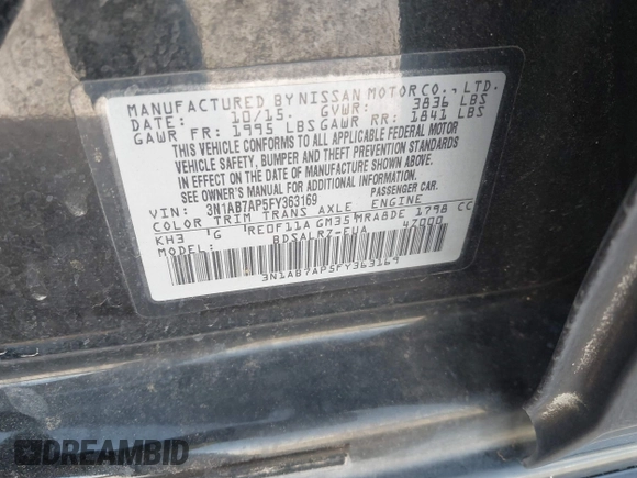 2015 Nissan Sentra S with VIN 3N1AB7AP5FY363169, listed as a IAAI auction lot 41785967 with 157,096 mi miles and . Bid and sale history available at DreamBid. Image 9.