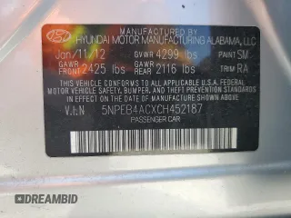 2012 Hyundai Sonata GLS with VIN 5NPEB4ACXCH452187, listed as a Copart auction lot 53274065 with 38,715 mi miles and Salvage Title. Bid and sale history available at carsss.com. Image 12.
