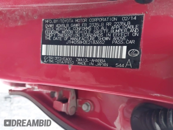 2014 Lexus CT 200h with VIN JTHKD5BH2E2183652, listed as a IAAI auction lot 41223743 with 119,747 mi miles and . Bid and sale history available at DreamBid. Image 9.