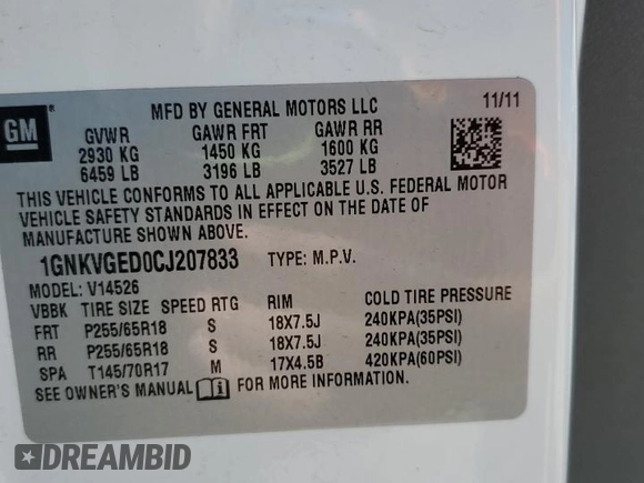 2012 Chevrolet Traverse 1LT z VIN 1GNKVGED0CJ207833, wystawiony jako Copart lot #58083155 z przebiegiem 120 058 mil mil oraz Szkoda całkowita • Salvage title. Historia ofert i sprzedaży dostępna na DreamBid. Obrazek 13.